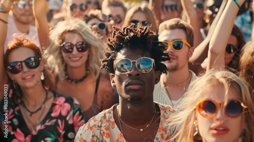 A group of people are standing together, with one man wearing sunglasses and a necklace