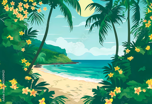 Tropical landscape with ocean and palm trees