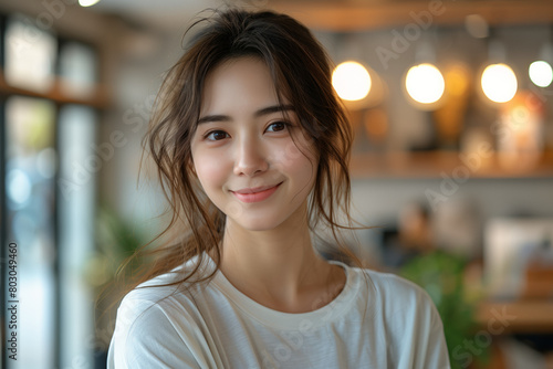 Close-up portrait of natural looking Asian woman with a smile on her face, set against a blurred background