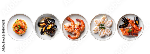 Set of isolated seafood platters, shrimp, squid and oyster plates photo