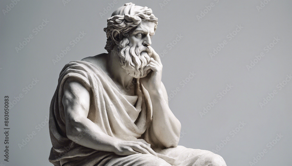 statue of a Greek philosopher reading book, isolated white background, copy space for text
