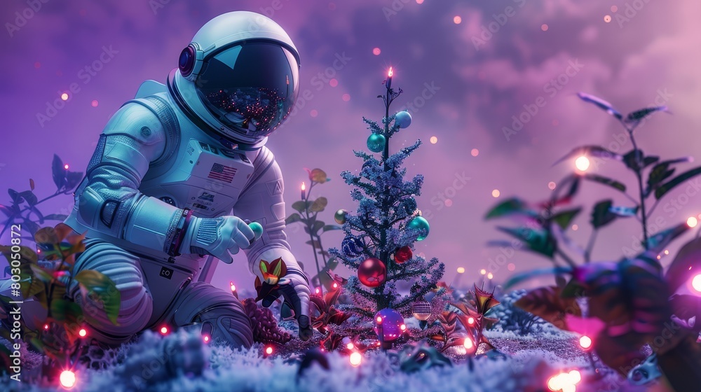 Festive space exploration theme with astronaut and Christmas tree on the moon. Festive space exploration theme with astronaut and Christmas tree on the moon.