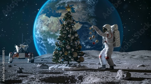 Futuristic holiday celebration with an astronaut and a Christmas tree on the moon, perfect for space travel and festive articles.