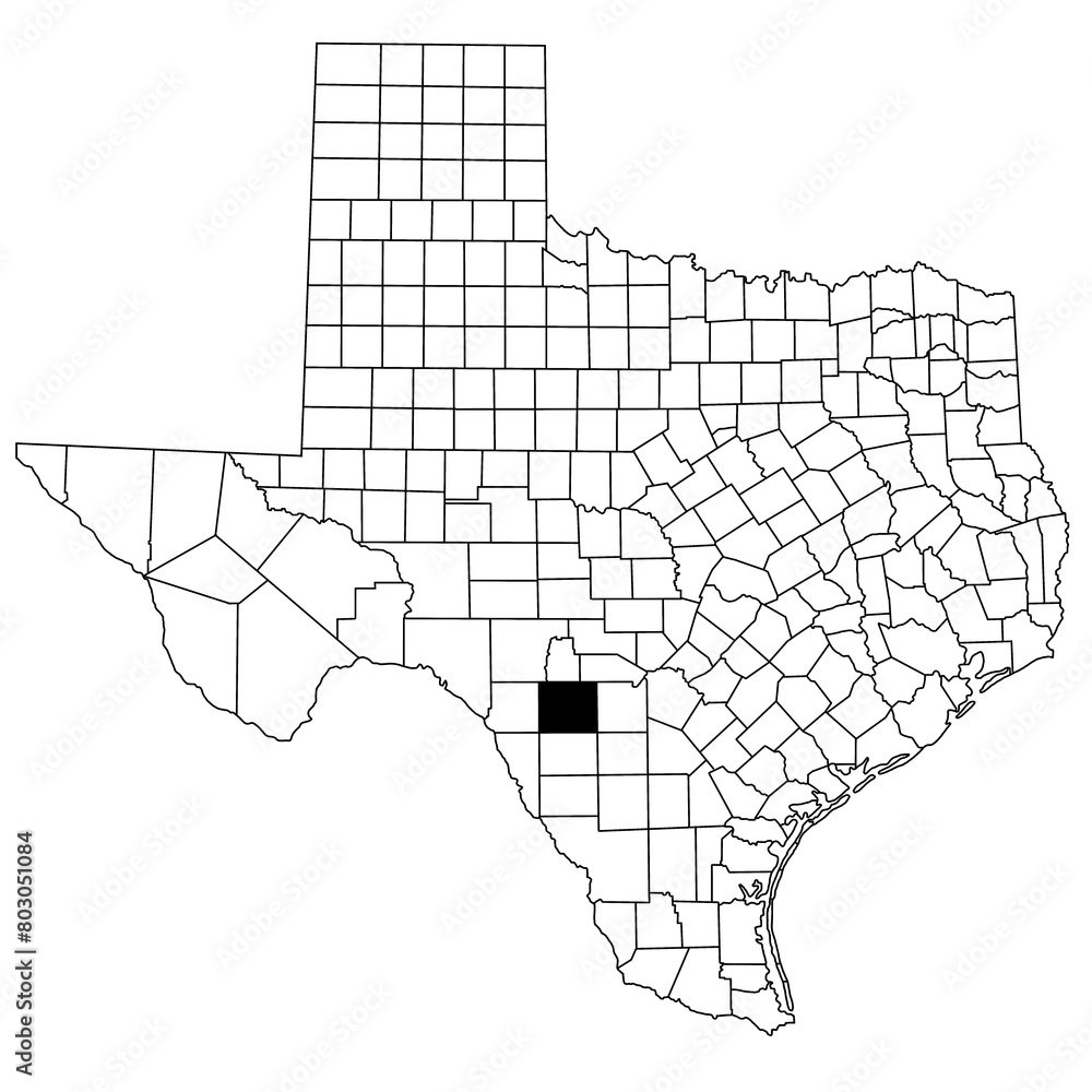 Map of uvalde County in Texas state on white background. single County map highlighted by black colour on Texas map. UNITED STATES, US