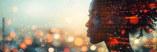 A double exposure photo showcasing an elegant Black woman alongside computer code and the vibrant lights of the cityscape, symbolizing the integration of technology and urban life.