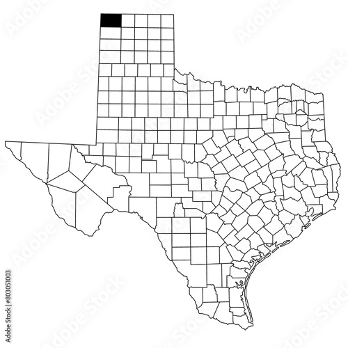 Map of dallam County in Texas state on white background. single County map highlighted by black colour on Texas map. UNITED STATES, US photo