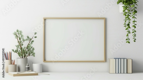 Frame mockup  wood chest of drawers and green plant  white wall home room interior  3D render