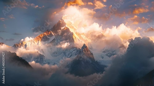 Himalayas mountains range landscape with clouds at sunset photo