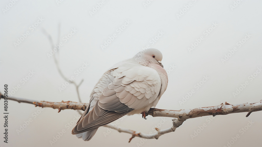 A serene dove perches on a bare branch, tucking its head into its feathers, exuding peace and calm against a soft, muted background.
