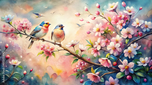A Pair of Birds Perched on Blossoming Branch © Sergey