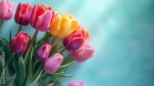 Red and yellow tulip bouquet in spring garden