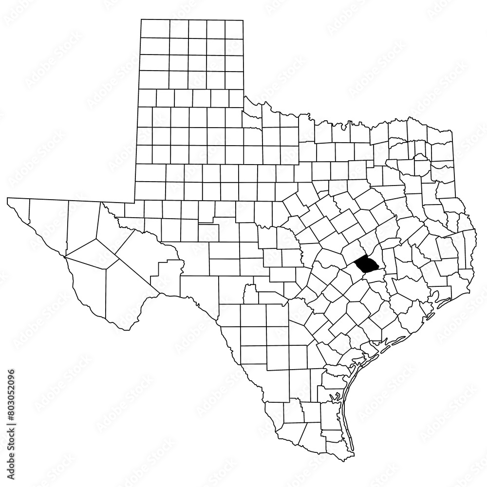 Map of burleson County in Texas state on white background. single County map highlighted by black colour on Texas map. UNITED STATES, US