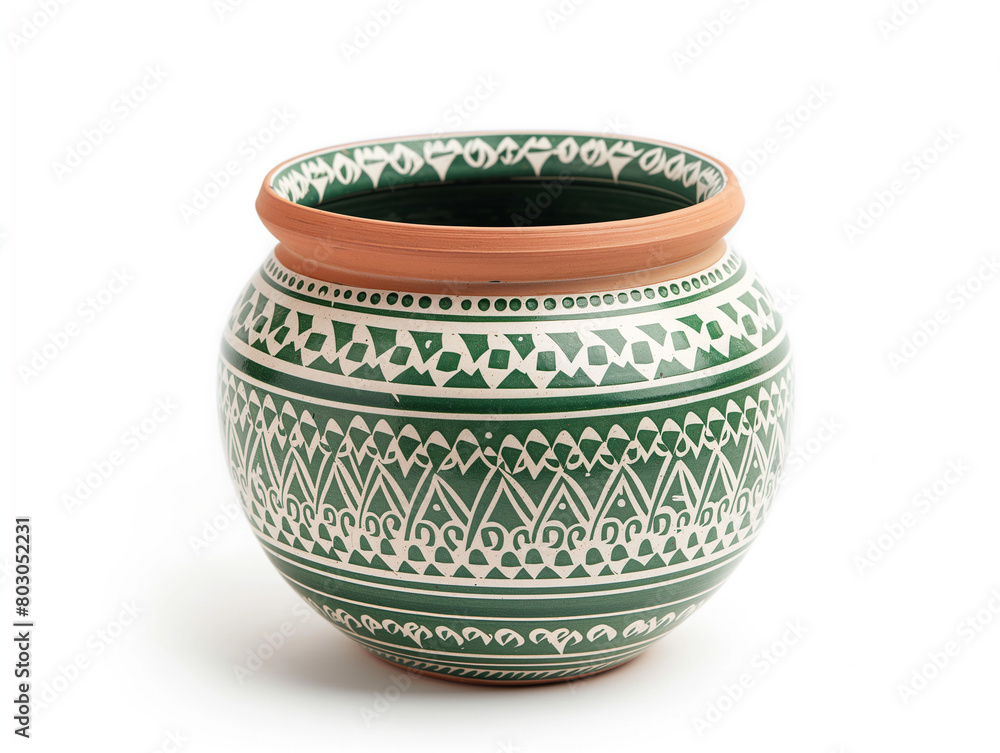 Handmade clay pot with green and white ethnic ornament Authentic ceramic vase with geometric patterns Pottery from Morocco Handmade clay pot with green and white ethnic ornament Authentic ceramic vase with geometric patterns Pottery from Morocco