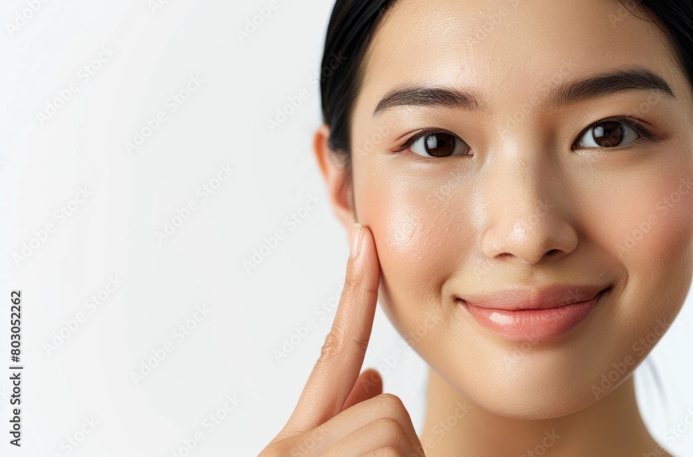 Chinese woman with clean and delicate skin, pointing to her cheek against a white background Chinese woman with clean and delicate skin, pointing to her cheek against a white background