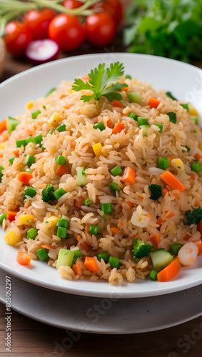 Fried rice is very tempting and looks delicious, complete with vegetables and meat, in vertical form