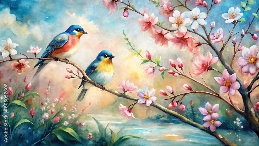 Serene Springtime: A Pair of Robins Amidst Blossoming Branches