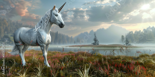 Mythical white Unicorn posing in an enchanted forest A unicorn canters through
 photo