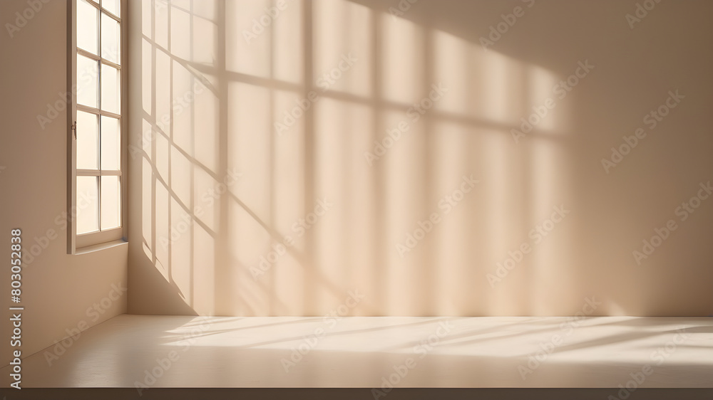 Obraz premium Minimalistic a light beige background for product presentation with light and intricate shadow from the window and wall