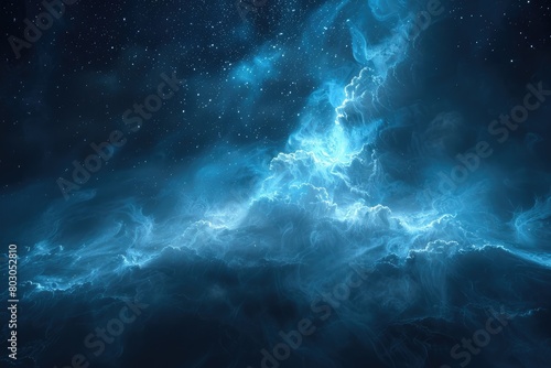 A blue sky with a cloud that is shaped like a dragon. The sky is filled with stars and the cloud is illuminated by the stars
