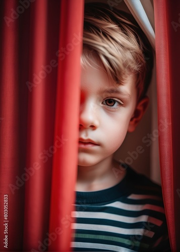 Close-up portrait of a little boy behind a curtain