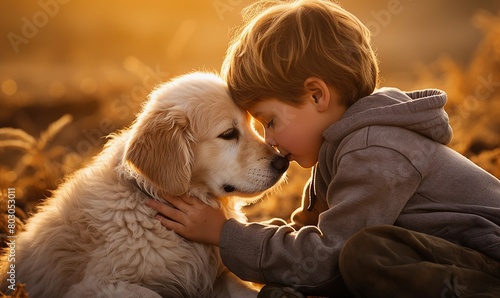 Emotional moment as a young boy tenderly embraces his faithful golden retriever against a beautiful sunset backdrop, reflecting genuine friendship and love