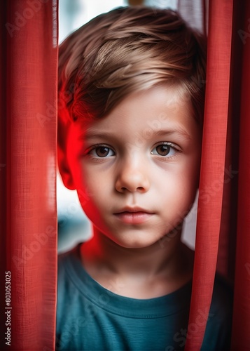 Close-up portrait of a little boy behind a curtain