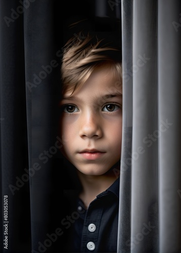 Close-up portrait of a little boy behind a curtain