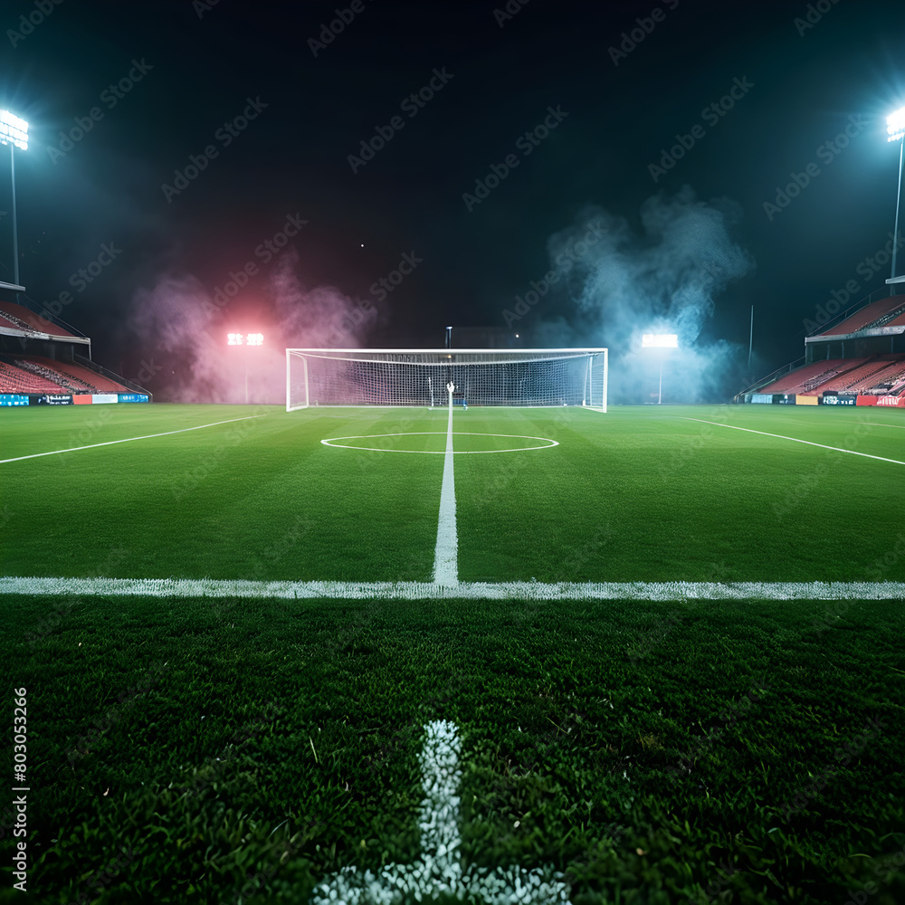 soccer field with spotlights and stadium