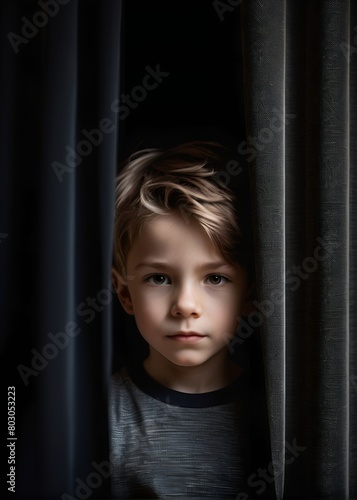 Close-up portrait of a little boy behind a curtain