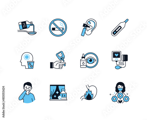 Health and bad habits - line design style icons set with editable stroke. Drink medicine, non-smoking area, thermometer, painkillers, blood test, eye drops, sleeping pills, heartburn and allergies