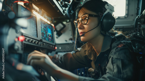 An Asian woman wearing glasses and a military uniform sits in the cockpit of a modern jet fighter. She's wearing headphones © chekart