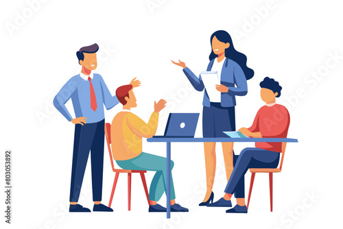 Young business people meeting office teamwork group presentation seminar man businessman startup project idea training student education leader explaining modern flat design simple vector illustration