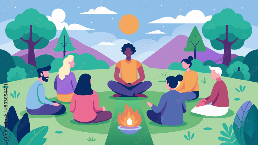 A peaceful outdoor setting where a group of community members come together for a healing circle centered on their shared experiences with psychedelic.