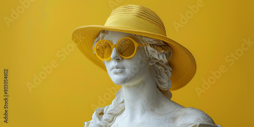 Summer concept - antique statue holding summer attributes - sun glasses, hat and floating pool ring