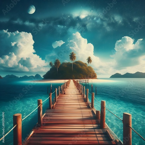 tropical island in the sea, Wooden pier to an island in ocean, blue sky with white clouds.