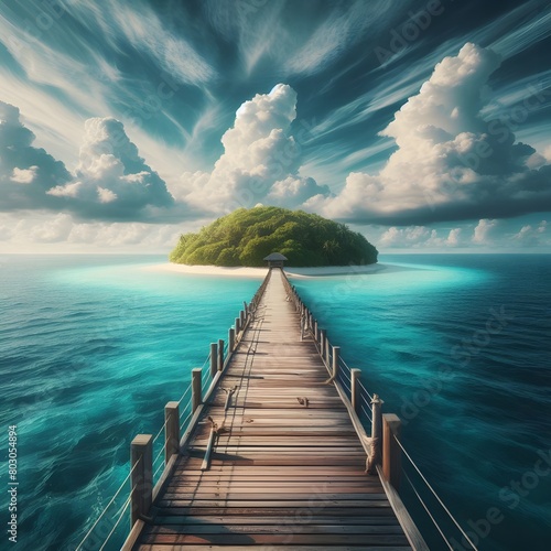 wooden bridge over the sea. tropical island in the sea, Wooden pier to an island in ocean, blue sky with white clouds. wooden bridge over the ocean