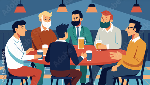 A group of men meeting at the local tavern discussing politics and sipping ale as they plan for the future.. Vector illustration