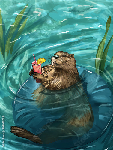 Beaver enjoying a cocktail in water, surrounded by greenery. photo