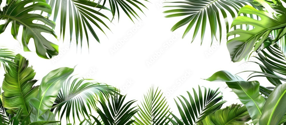 Tropical green palm leaves and jungle foliage pattern isolated on a white background, with space for text or design. Tropical green palm leaves and jungle foliage pattern isolated on a white background, with space for text or design.
