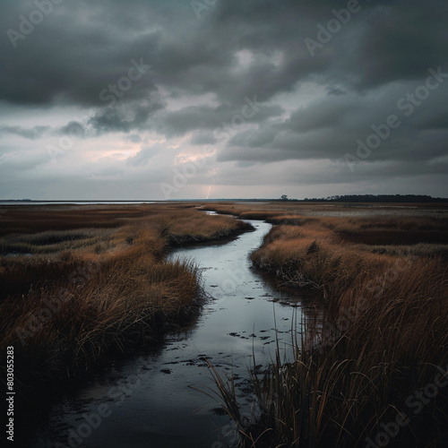 A moody landscape of a winding stream amidst tall grass under a cloudy sky photo