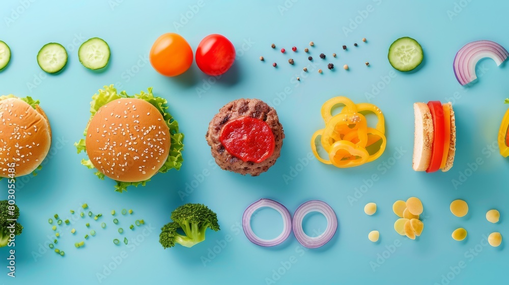 Flat lay of various ingredients and a deconstructed burger on a blue background, showcasing fresh vegetables, patties, cheese slices, and buns. Flat lay of various ingredients and a deconstructed burger on a blue background, showcasing fresh vegetables, patties, cheese slices, and buns.