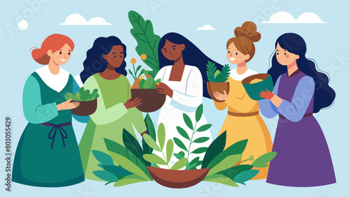 A group of women gathering herbs and plants to use as natural remedies showcasing the importance of medicinal knowledge during the time.. Vector illustration