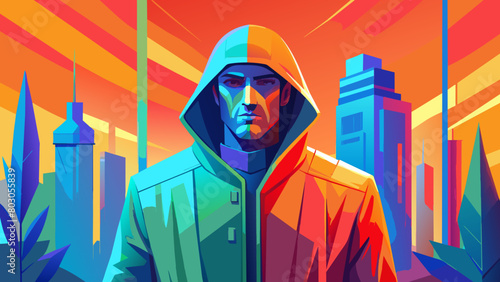 incognito (a man without a face, he stands against the background of darkness in a leather raincoat)