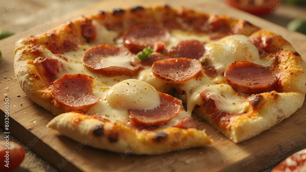 Pizza with meat mozzarella cheese and tomato sauce on black background Pizza with meat mozzarella cheese and tomato sauce on black background