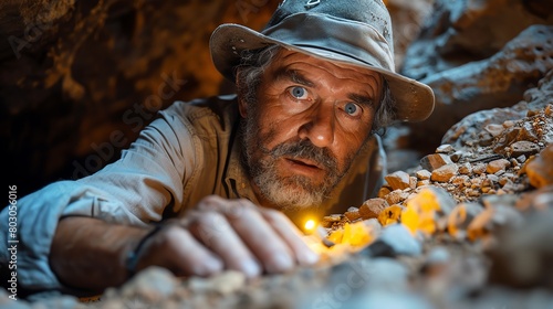 An old man wearing a hat and rough clothes is crawling through a dark cave. He is holding a candle in one hand and a pickaxe in the other. He looks tired and determined. photo