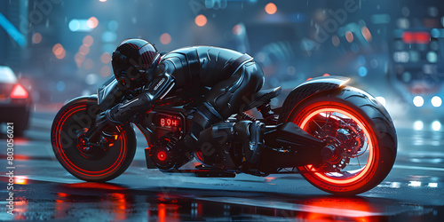a rider riding a super bike in rainy background photo