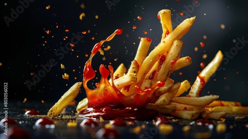 French fries splashing into ketchup with droplets mid-air, creating a dynamic and appetizing visual on a dark, moody background. photo