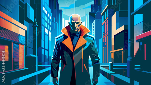 incognito (a man without a face, he stands against the background of darkness in a leather raincoat)