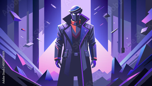 incognito (a man without a face, he stands against the background of darkness in a leather raincoat)