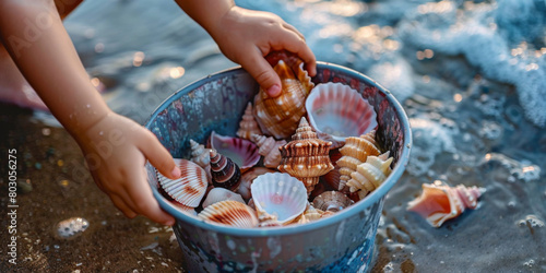 Summer concept - child holding backet of sea shells photo